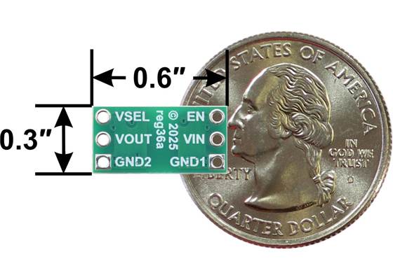 Isolated DC-DC Power Module, MIE1W0505BGLVH, 5V/3.3V, 200mA, basic dimensions with US quarter for size reference.