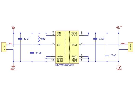 Schematic diagram of the Isolated DC-DC Power Module, MIE1W0505BGLVH, 5V/3.3V, 200mA.