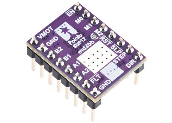 TB67S581FNG Stepper Motor Driver Carrier with soldered header pins, silk screen side up (note: installing header pins this way can limit the range of motion of the current limit trimpot, so make sure to set the current limit before installing pi