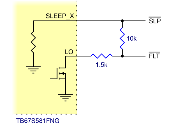Schematic of SLP (SLEEP_X) and FLT (LO) pins on the TB67S581FNG carrier.