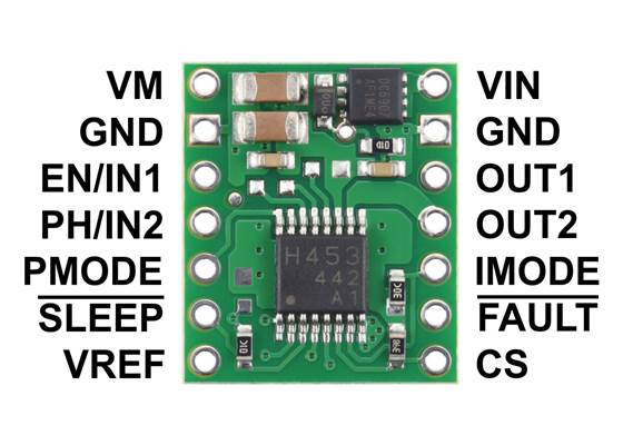 Pinout of the TB67H453FNG Single Brushed DC Motor Driver Carrier.