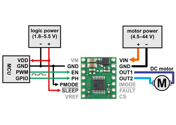 Minimal wiring diagram for connecting a microcontroller to a TB67H453FNG Single Brushed DC Motor Driver Carrier in PHASE/ENABLE control mode.