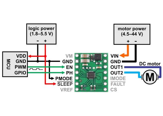 Minimal wiring diagram for connecting a microcontroller to a TB67H453FTG (QFN) Single Brushed DC Motor Driver Carrier in PHASE/ENABLE control mode.