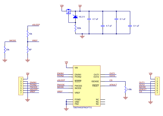 Schematic diagram of the TB67H453FNG/FTG Single Brushed DC Motor Driver Carrier.