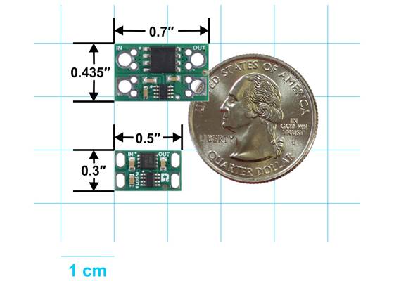 Size comparison of the 20A/25A (top) and 10A/12A (bottom) Pololu Reverse Voltage Protectors.