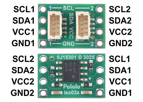 Pinout of the Pololu I²C Isolator with Connectors, ISO1640 (top and bottom views).