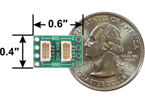 Pololu I²C Isolator with Connectors, ISO1640, with dimensions and a US quarter for size reference.