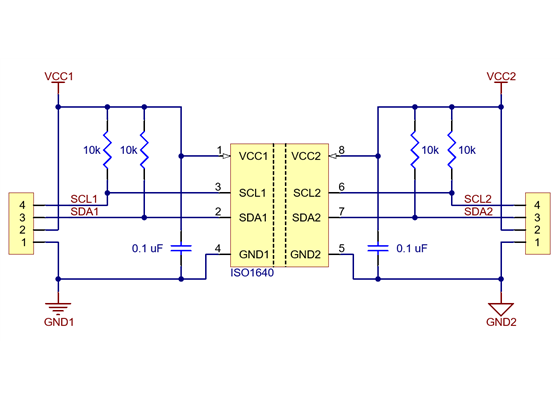 Schematic diagram of the Pololu I²C Isolator, ISO1640.
