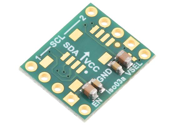 Pololu I²C Isolator with Isolated Power, ISO1640, MIE1W0505BGLVH, 5V/3.3V, 200mA (version without connectors shown).