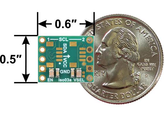 Pololu I²C Isolator with Isolated Power, ISO1640, MIE1W0505BGLVH, with dimensions and a US quarter for size reference (version without connectors shown).