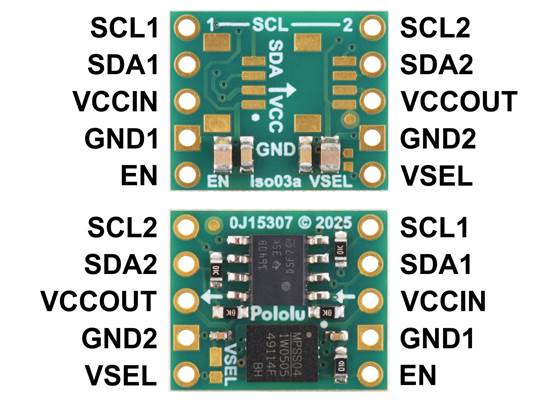 Pinout of the Pololu I²C Isolator with Isolated Power, ISO1640, MIE1W0505BGLVH (top and bottom views of version without connectors).