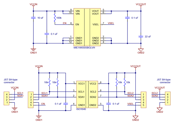 Schematic diagram of the Pololu I²C Isolator with Isolated Power.