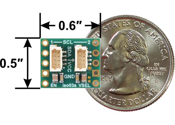 Pololu I²C Isolator with Isolated Power and Connectors, ISO1640, MIE1W0505BGLVH, with dimensions and a US quarter for size reference.