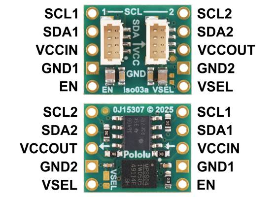 Pinout of the Pololu I²C Isolator with Isolated Power and Connectors, ISO1640, MIE1W0505BGLVH (top and bottom views).
