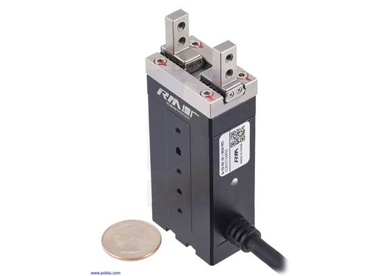 RobustMotion RM-EGB Series 24VDC Compact Finger Gripper, 16D, PNP + RS-485 Interface (RM-EGB-06H-16D-1-D0200-PRTU) with US quarter for size reference.