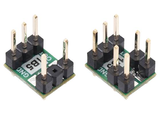 Two options for soldering 0.1″ male headers to the current path pins of the ACS3704x Current Sensor Micro Carriers (header pins not included).