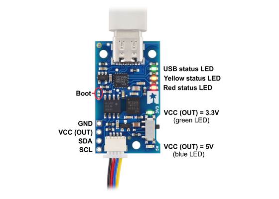 Pololu Isolated USB-to-I²C Adapter with Isolated Power pinout and LEDs.