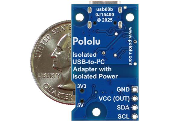 Pololu Isolated USB-to-I²C Adapter with Isolated Power, bottom view with US quarter for size reference.