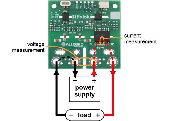 Typical wiring diagram for the ACS37800KMACTR-030B3-I2C Power Monitor Carrier.