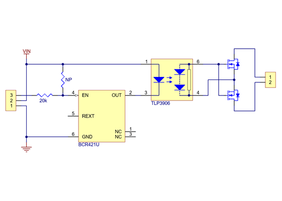 Schematic diagram for the Pololu Isolated Solid State Relay/Switch, SPST.