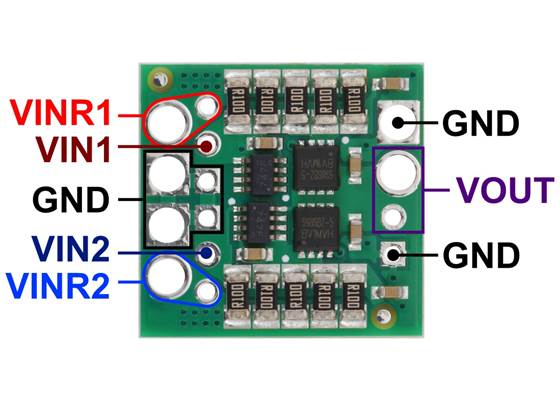 Pinout of the Pololu Power ORing Ideal Diode Pair, 4-60V, 6A.