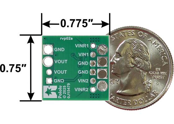 Pololu Power ORing Ideal Diode Pair, 4-60V, 6A, bottom view with dimensions and US quarter for size reference.