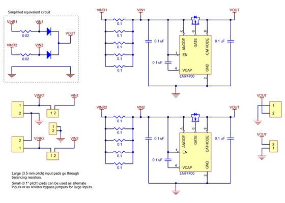 Schematic diagram of the Pololu Power ORing Ideal Diode Pair, 4-60V, 6A.