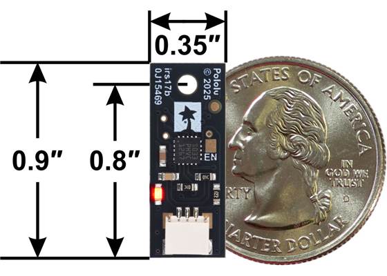 Pololu Digital Distance Sensor with Side-Entry Connector, back view with dimensions and a US quarter for size reference.