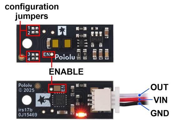 Pinout and configuration jumper locations of the long-range versions of the Pololu Digital Distance Sensor with Side-Entry Connector.