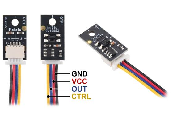 Pinout of the QTR-MD-01x-S Reflectance Sensor (RC version pictured, cable not included).