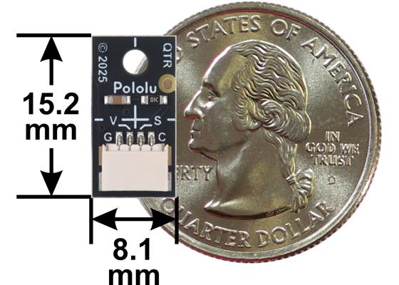 QTR-MD-01x-S Reflectance Sensor, connector view with basic dimensions and a quarter for size reference.