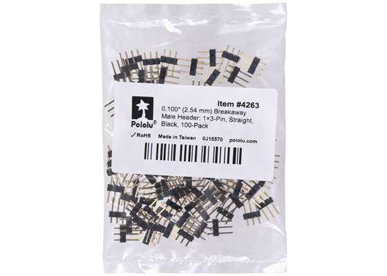 0.100″ (2.54 mm) Breakaway Male Header: 1x3-Pin, Straight, Black, 100-Pack. (1)