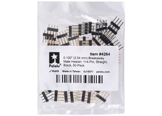 0.100″ (2.54 mm) Breakaway Male Header: 1x4-Pin, Straight, Black, 50-Pack. (1)