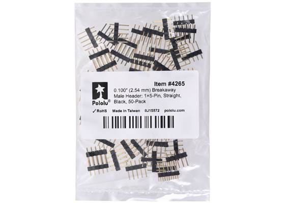 0.100″ (2.54 mm) Breakaway Male Header: 1x5-Pin, Straight, Black, 50-Pack. (1)