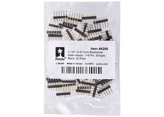 0.100″ (2.54 mm) Breakaway Male Header: 1x6-Pin, Straight, Black, 50-Pack. (1)