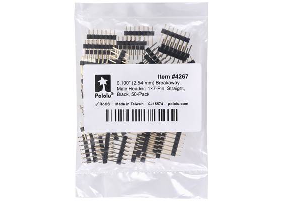 0.100″ (2.54 mm) Breakaway Male Header: 1x7-Pin, Straight, Black, 50-Pack. (1)