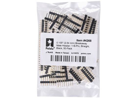 0.100″ (2.54 mm) Breakaway Male Header: 1x8-Pin, Straight, Black, 50-Pack. (1)