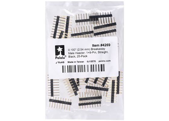 0.100″ (2.54 mm) Breakaway Male Header: 1x9-Pin, Straight, Black, 25-Pack. (1)