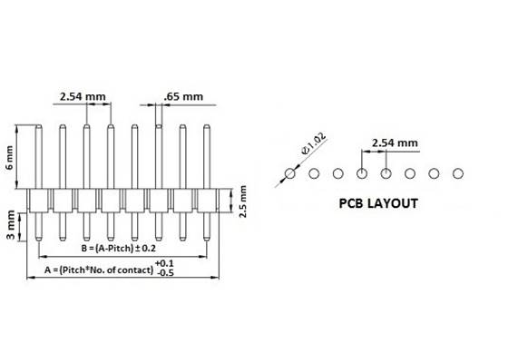 Dimension diagram of 0.100" (2.54 mm) breakaway male header, straight, single-row.