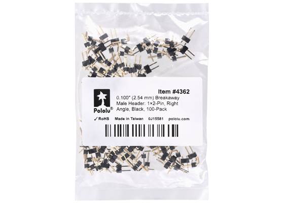 0.100″ (2.54 mm) Breakaway Male Header: 1x2-Pin, Right Angle, Black, 100-Pack. (1)