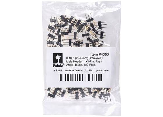 0.100″ (2.54 mm) Breakaway Male Header: 1x3-Pin, Right Angle, Black, 100-Pack. (1)