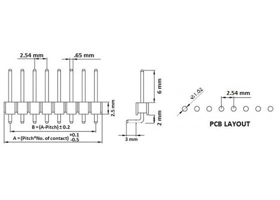 Dimension diagram of 0.100" (2.54 mm) breakaway male header, right-angle, single-row.