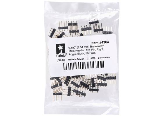 0.100″ (2.54 mm) Breakaway Male Header: 1x4-Pin, Right Angle, Black, 50-Pack. (1)