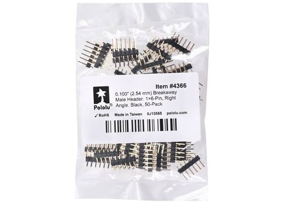 0.100″ (2.54 mm) Breakaway Male Header: 1x6-Pin, Right Angle, Black, 50-Pack. (1)