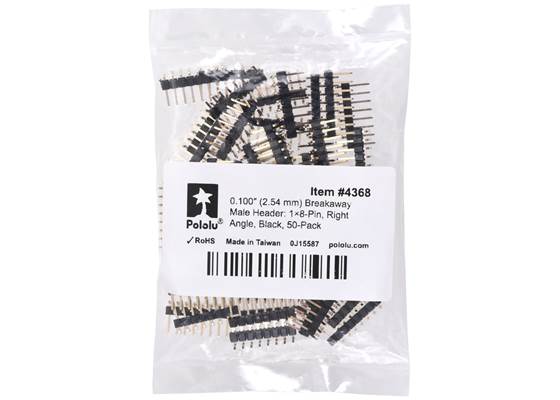 0.100″ (2.54 mm) Breakaway Male Header: 1x8-Pin, Right Angle, Black, 50-Pack. (1)