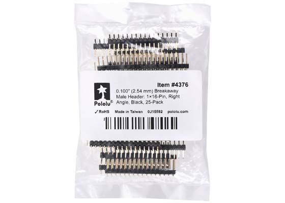 0.100″ (2.54 mm) Breakaway Male Header: 1x16-Pin, Right Angle, Black, 25-Pack. (1)