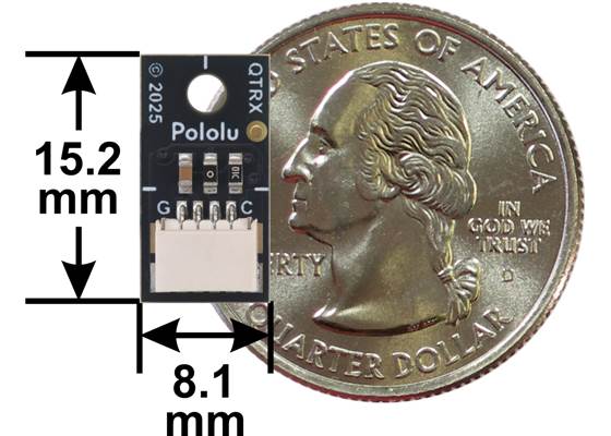 QTRX/QTRXL-MD-01A-S Reflectance Sensor, connector view with basic dimensions and a US quarter for size reference.