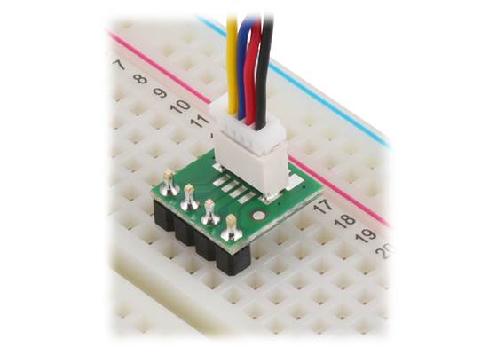 Breakout for JST SH-Style Connector, 4-Pin Male Top-Entry in a breadboard.