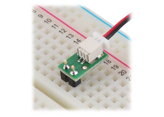 Breakout for JST SH-Style Connector, 2-Pin Male Side-Entry in a breadboard.