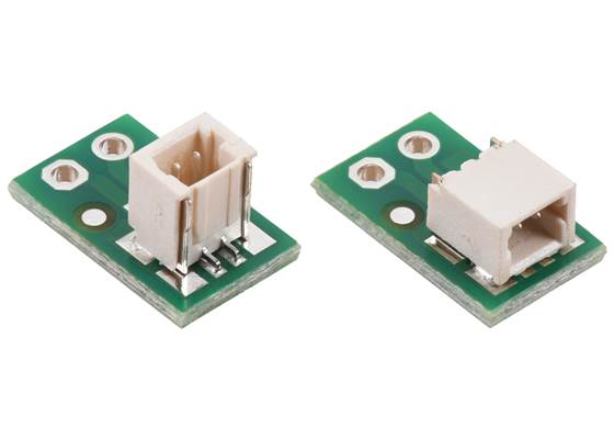 Breakout for JST SH-Style Connector, 2-Pin Male (Top-Entry version on left, Side-Entry version on right).